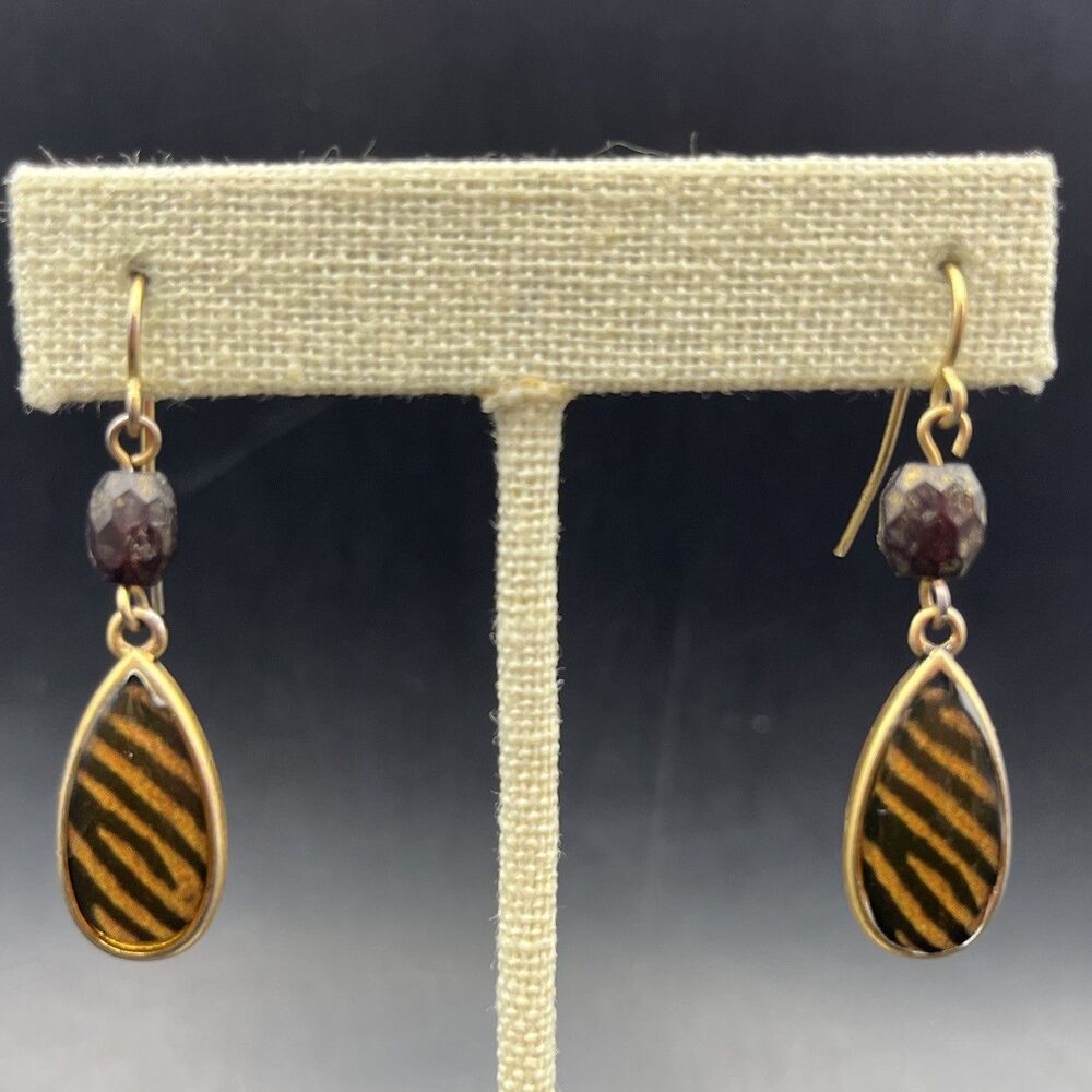 Chicos Tiger Print Striped Drop Dangle Hook Teardrop Gold Tone Boho Animal Print